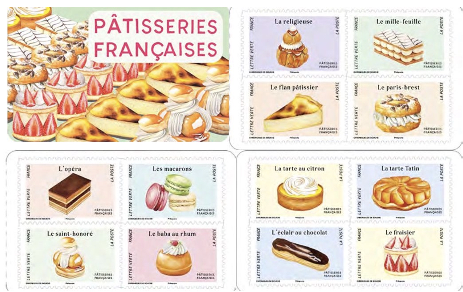 La Poste émet un carnet de 12 timbres-poste illustrés par des pâtisseries françaises emblématiques